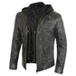 Men's Black Hooded Biker Leather Jacket With Removable Hood