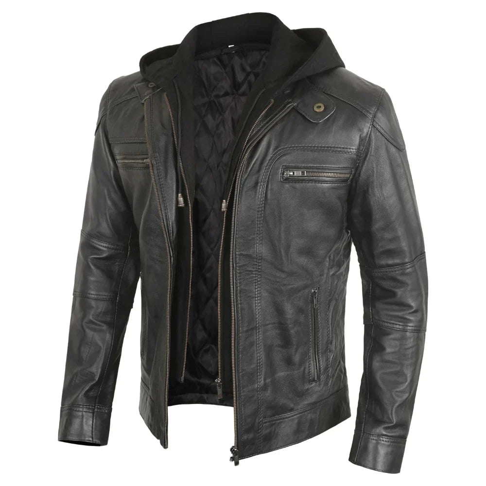 Men's Black Hooded Biker Leather Jacket With Removable Hood
