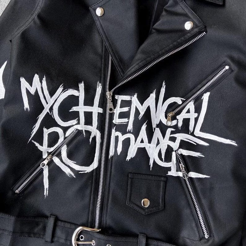 Black Leather Jacket with Hand-Painted My Chemical Romance Inspired Design Emo Punk Concert Outfit