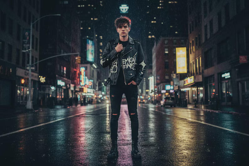 Black Leather Jacket with Hand-Painted My Chemical Romance Inspired Design Emo Punk Concert Outfit