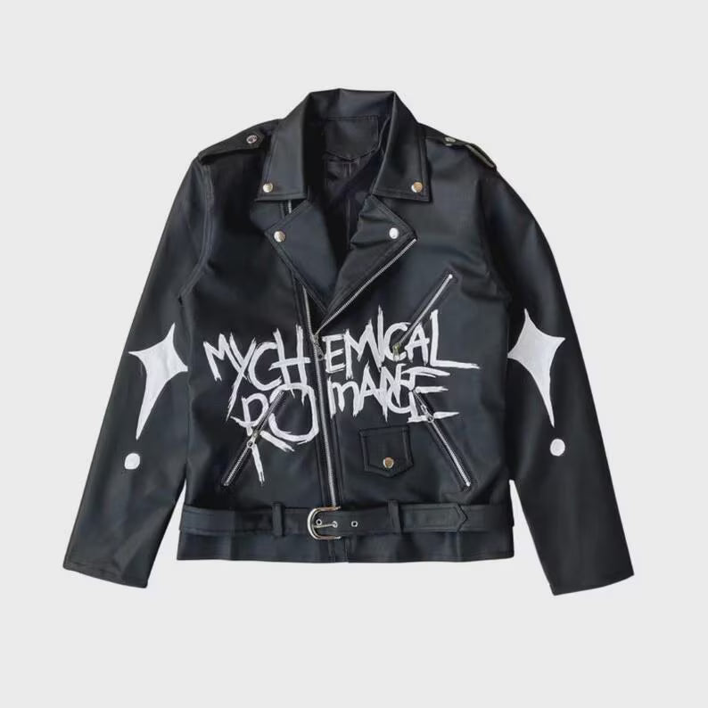 Black Leather Jacket with Hand-Painted My Chemical Romance Inspired Design Emo Punk Concert Outfit