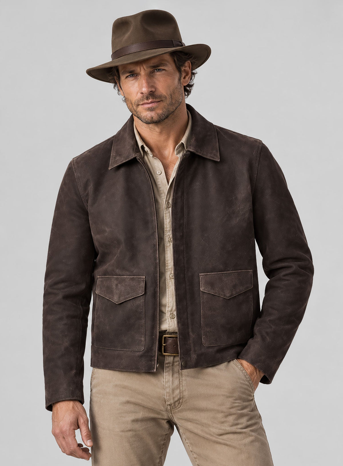 Indiana Jones Distressed Brown Leather Jacket – full product view