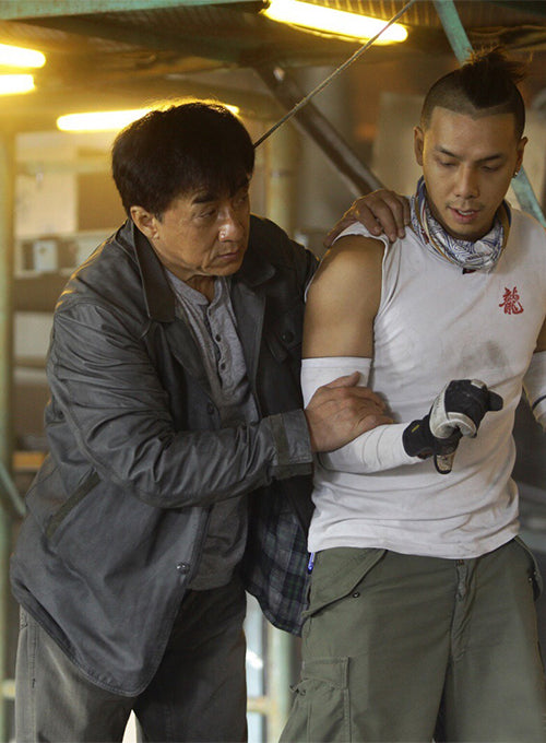 Jackie Chan Skiptrace Black Leather Jacket – close-up and worn views
