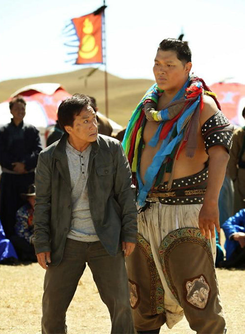 Jackie Chan Skiptrace Black Leather Jacket – close-up and worn views
