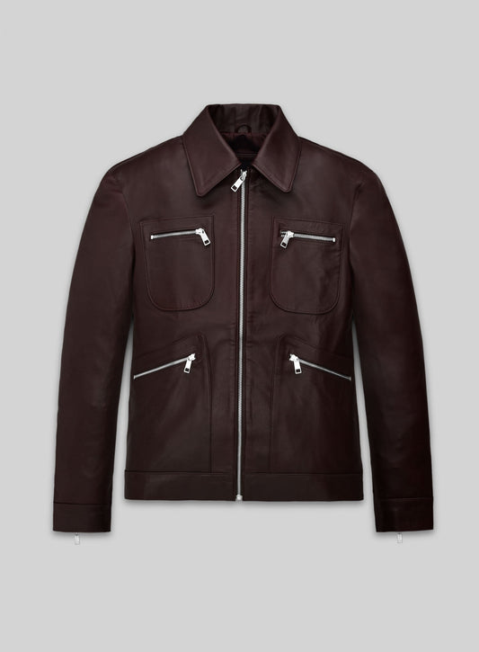 Jake Picking Top Gun Maverick Premiere Dark Brown Leather Jacket – front view