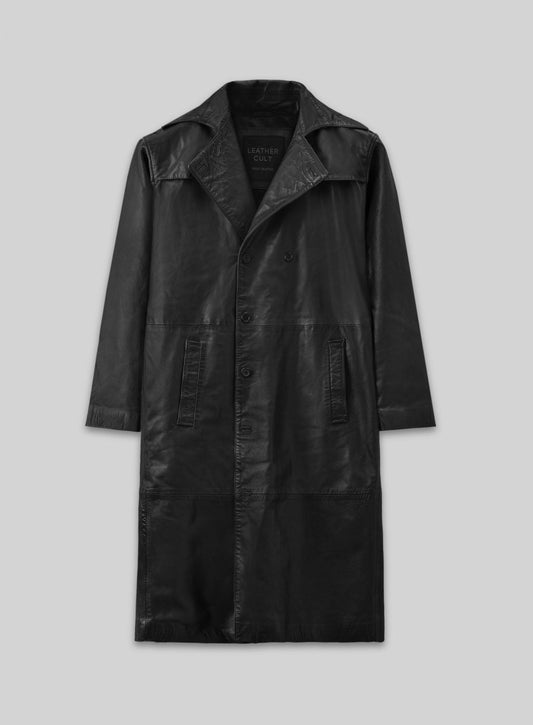 Javier Bardem Skyfall Black Leather Trench Coat – front view