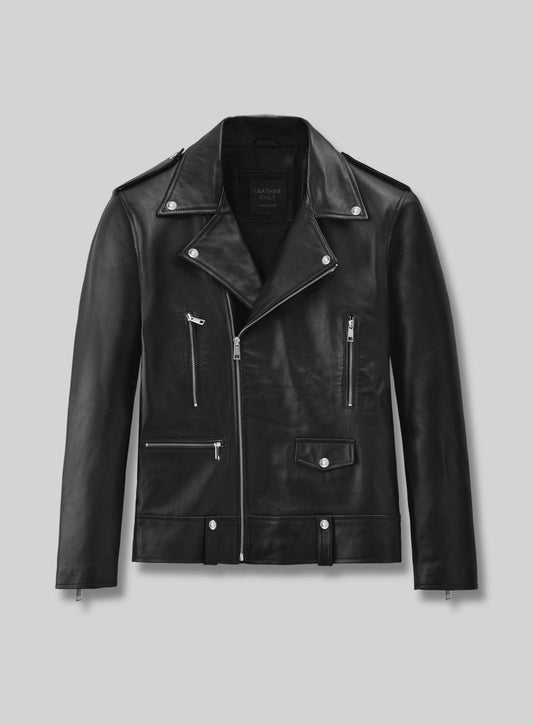 Jeff Goldblum NYC Black Biker Leather Jacket – front view