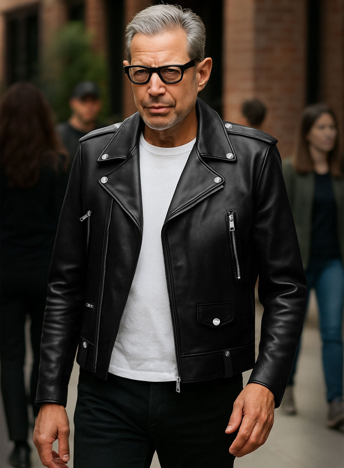 Jeff Goldblum NYC Black Biker Leather Jacket – worn look