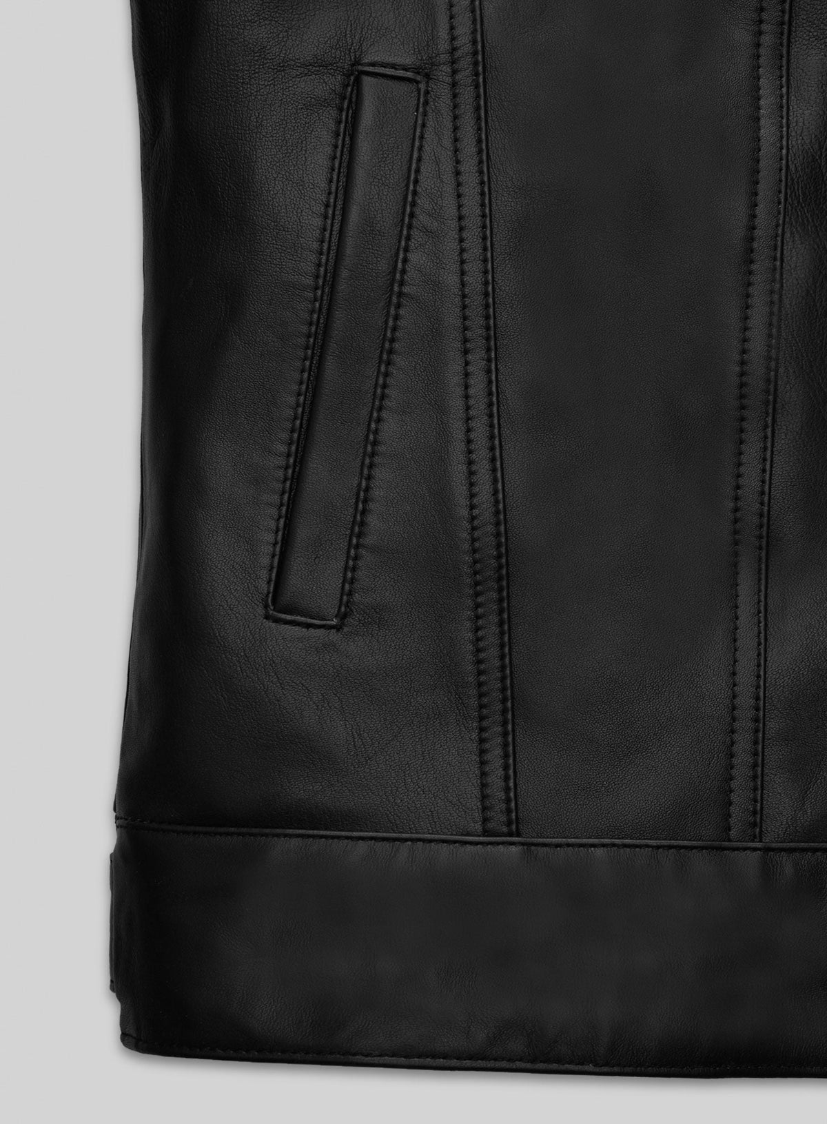 Jeff Goldblum Dominion Premiere Black Leather Jacket – close-up detail of hardware and pockets