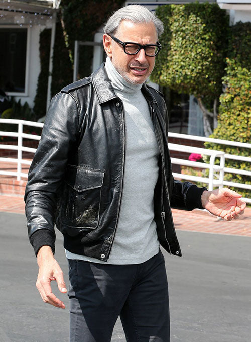 Jeff Goldblum Black Bomber Leather Jacket – Jeff Goldblum wearing the look, photo 2