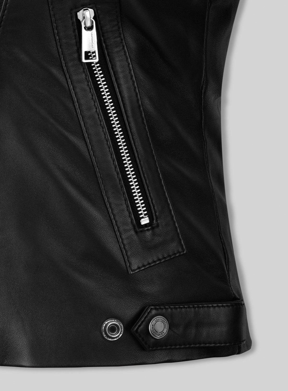 Jena Malone Black Leather Jacket – close-up and worn views