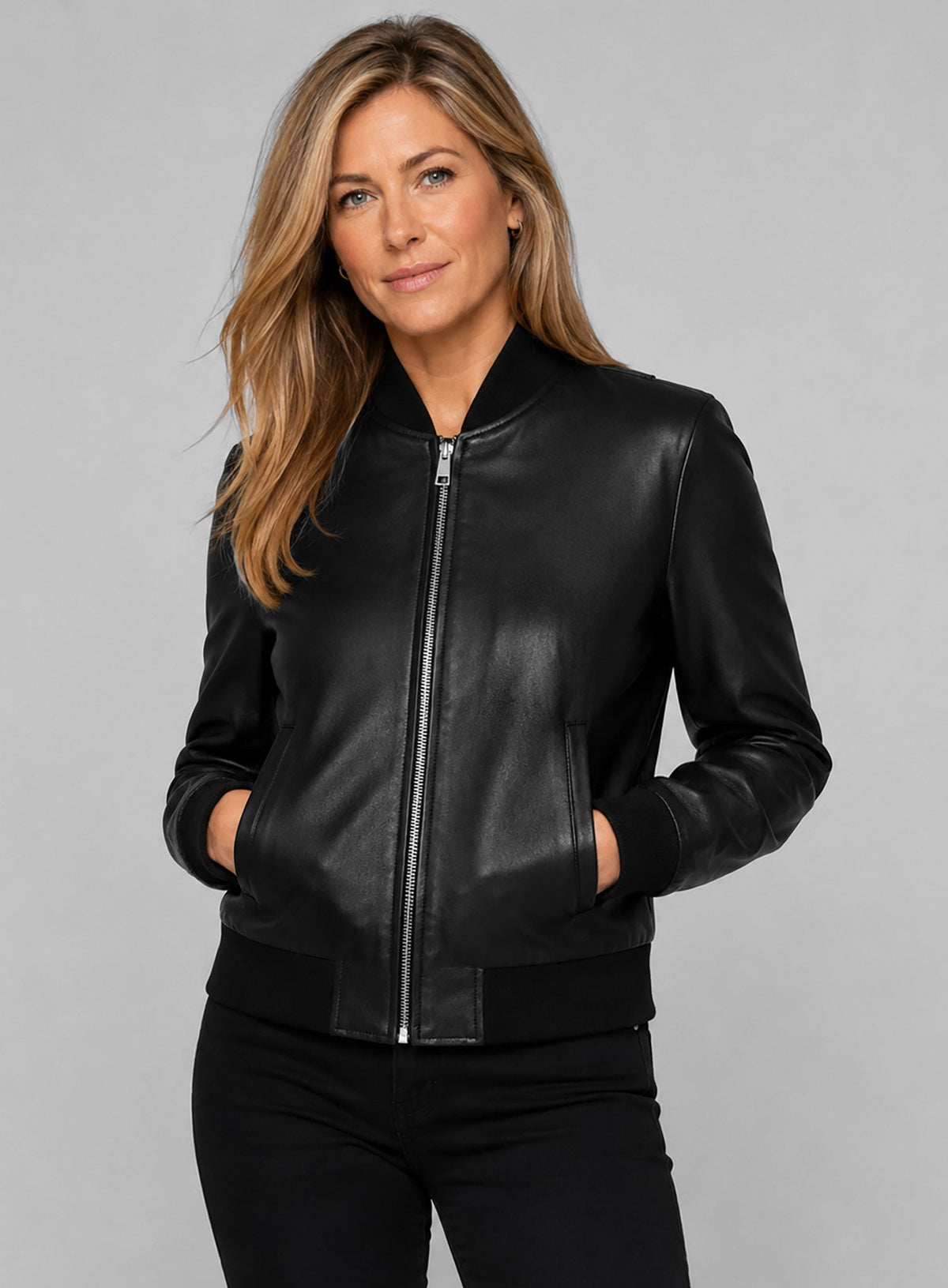 Jennifer Aniston Black Bomber Leather Jacket – full product view