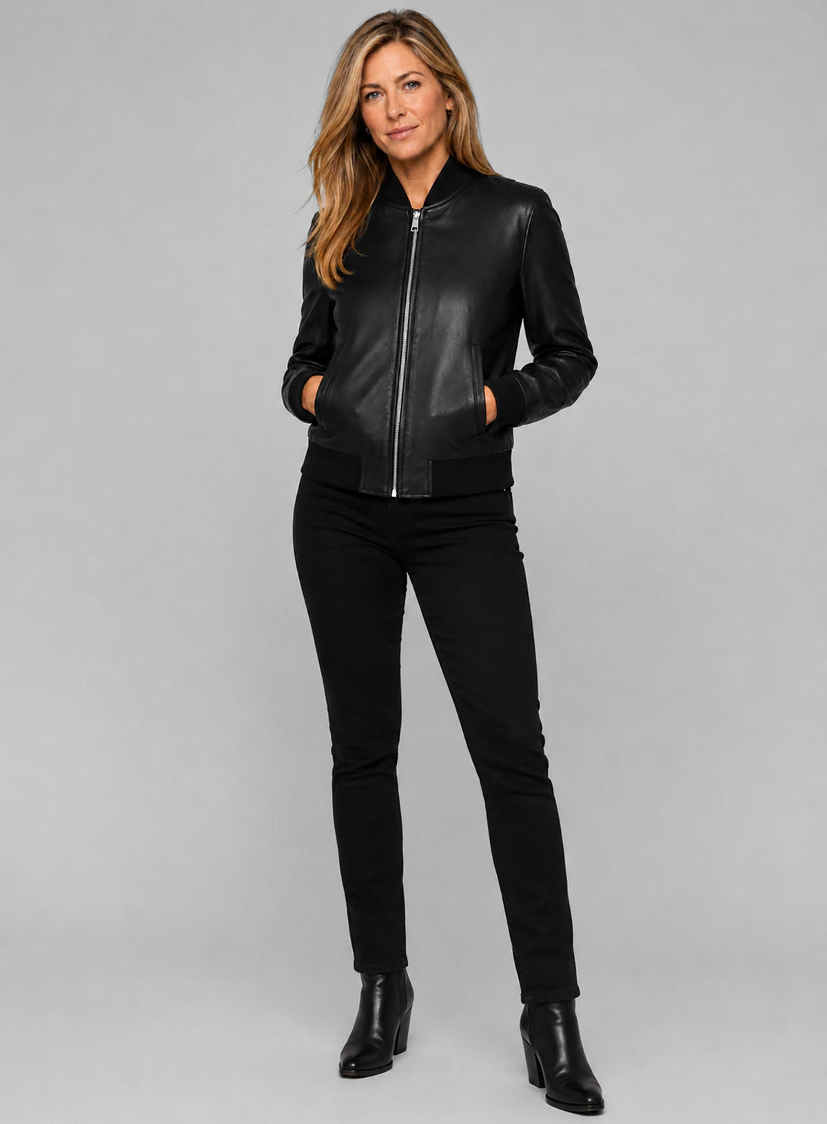 Jennifer Aniston Black Bomber Leather Jacket – close-up and worn views