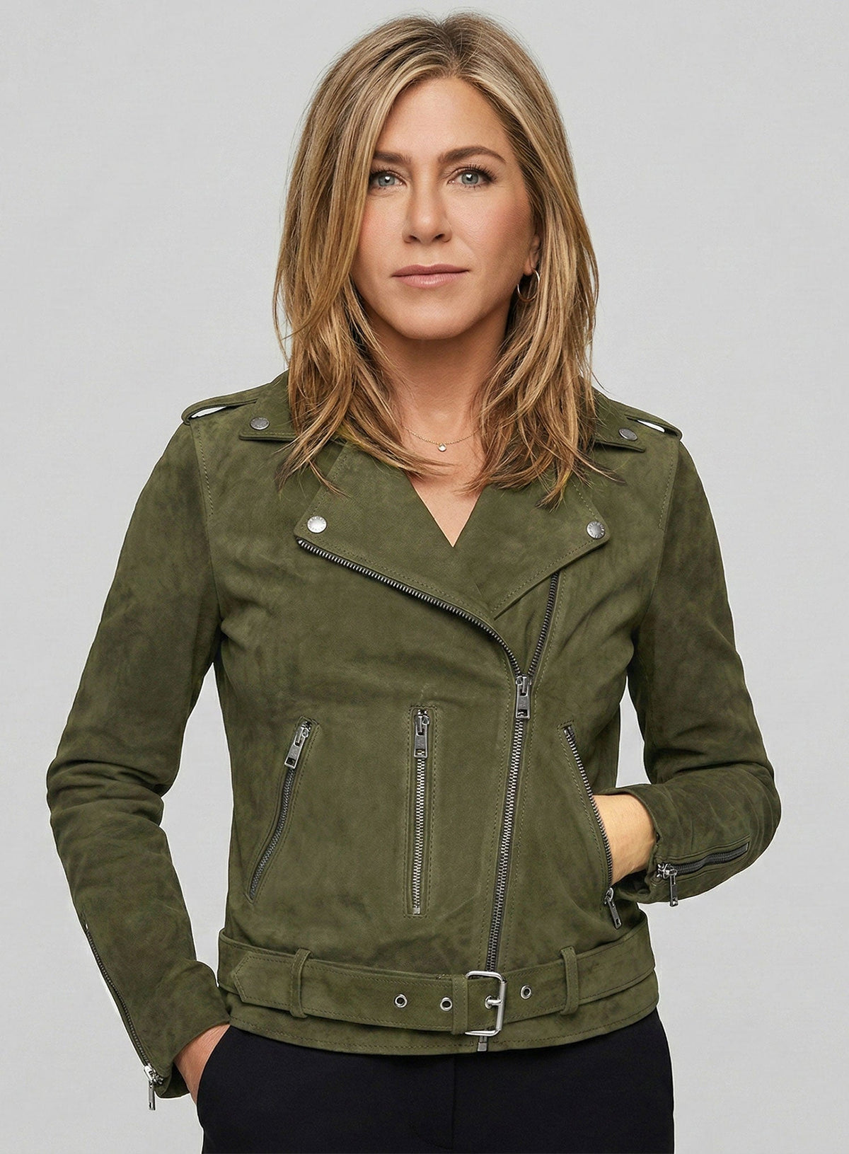 Jennifer Aniston Murder Mystery 2 Olive Green Leather Jacket – full product view