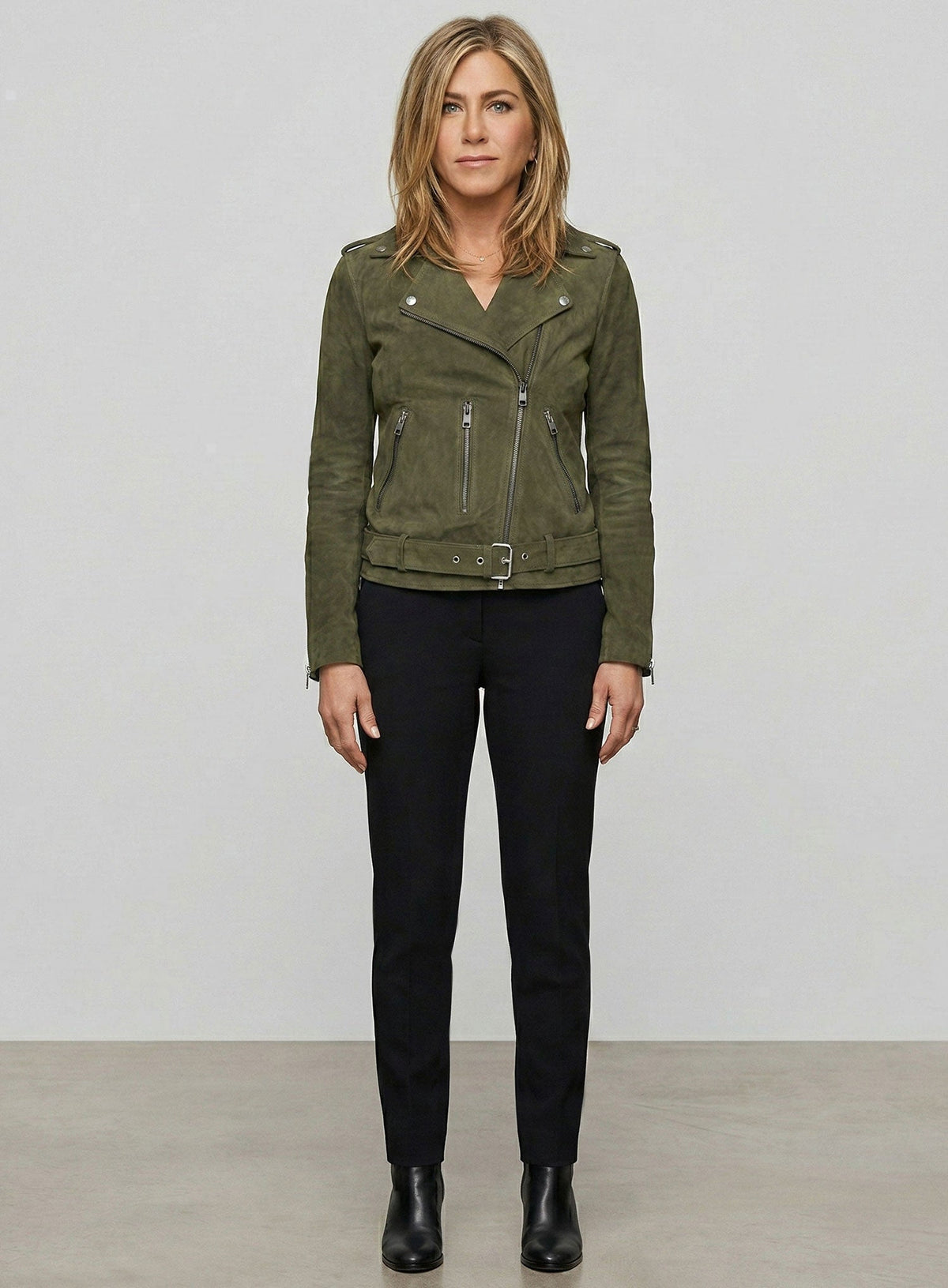 Jennifer Aniston Murder Mystery 2 Olive Green Leather Jacket – close-up and worn views