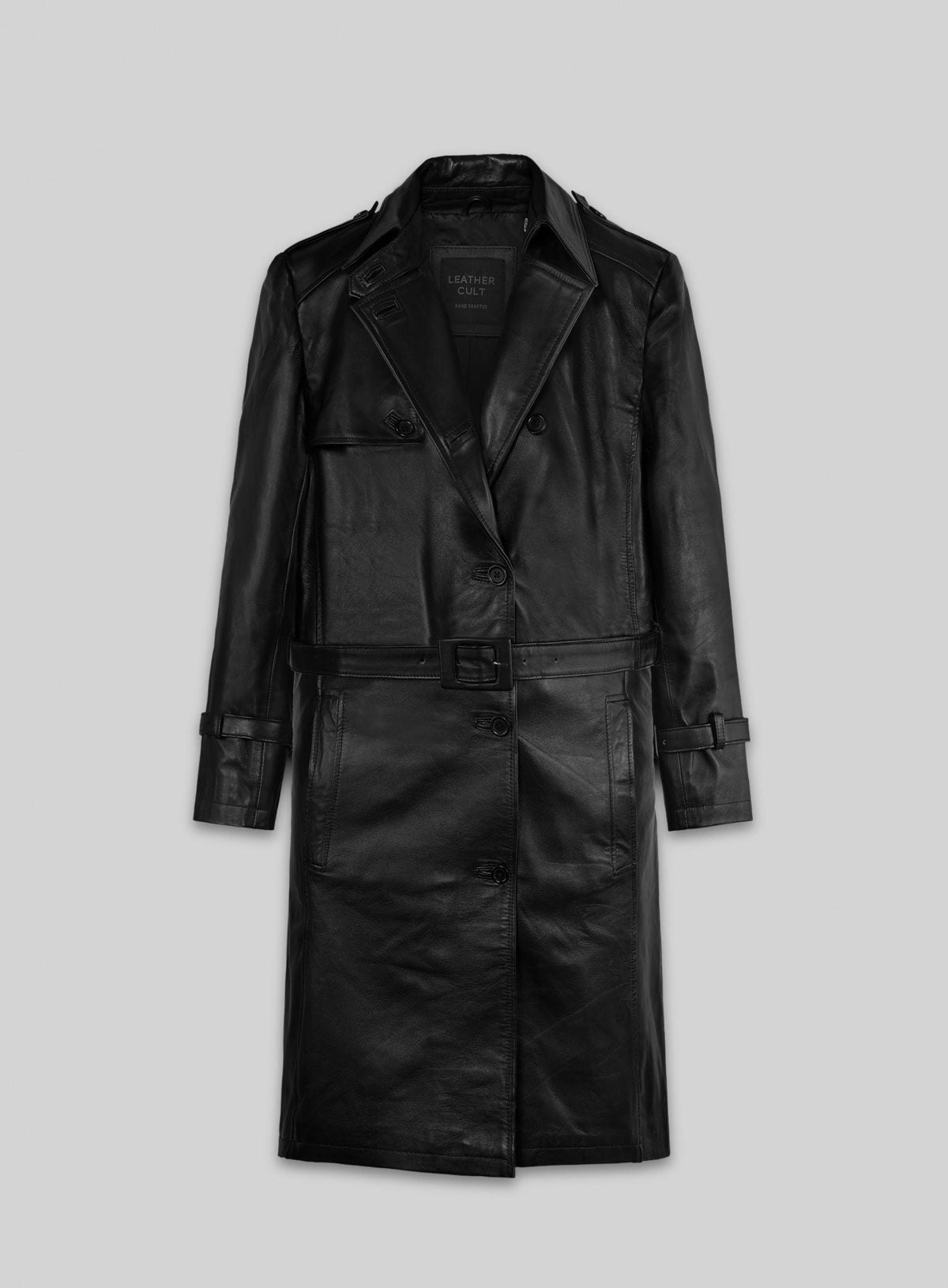 Jennifer Lopez Hustlers Black Leather Trench Coat – front view