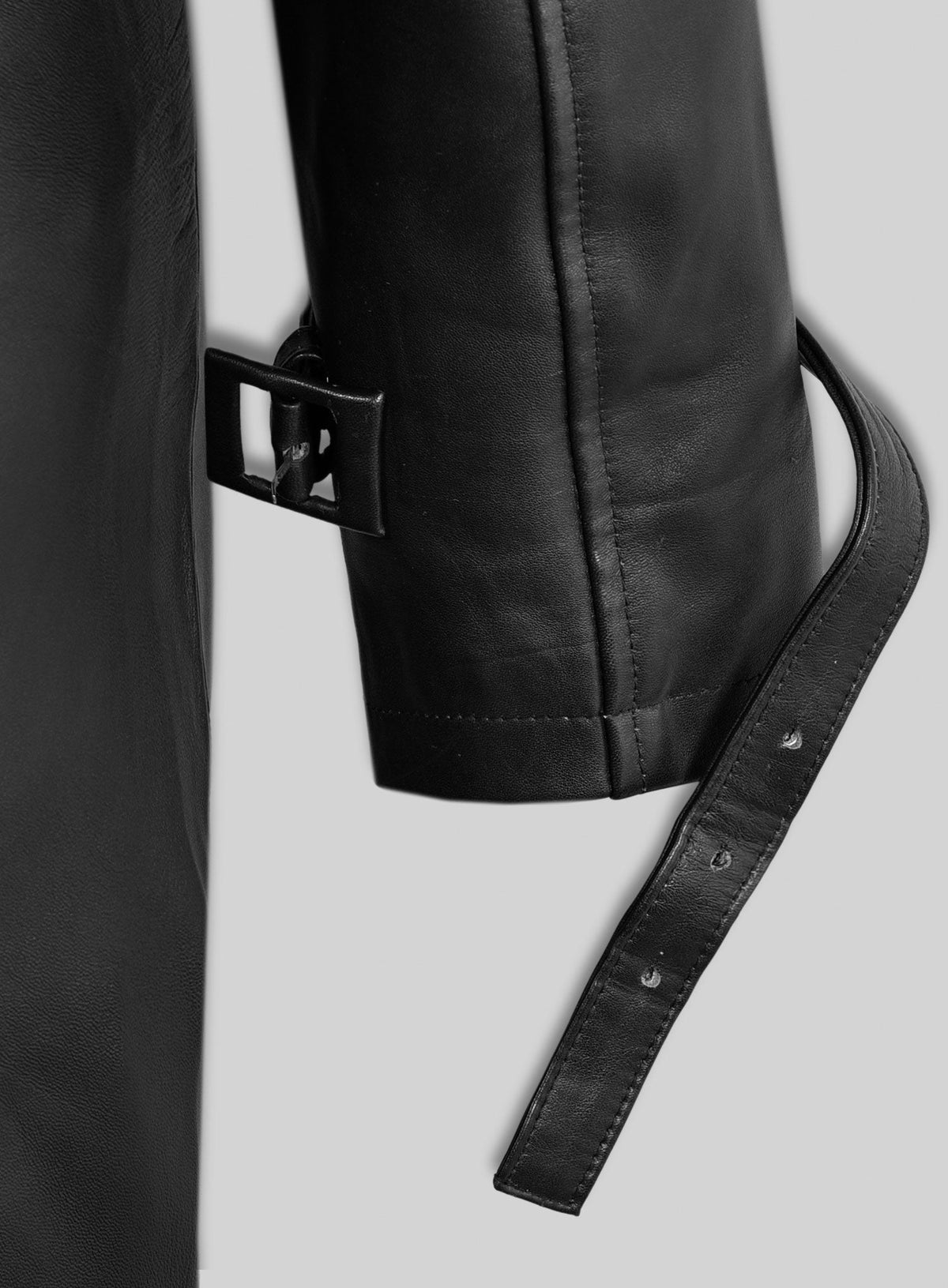 Jennifer Lopez Hustlers Black Leather Trench Coat – close-up and worn views
