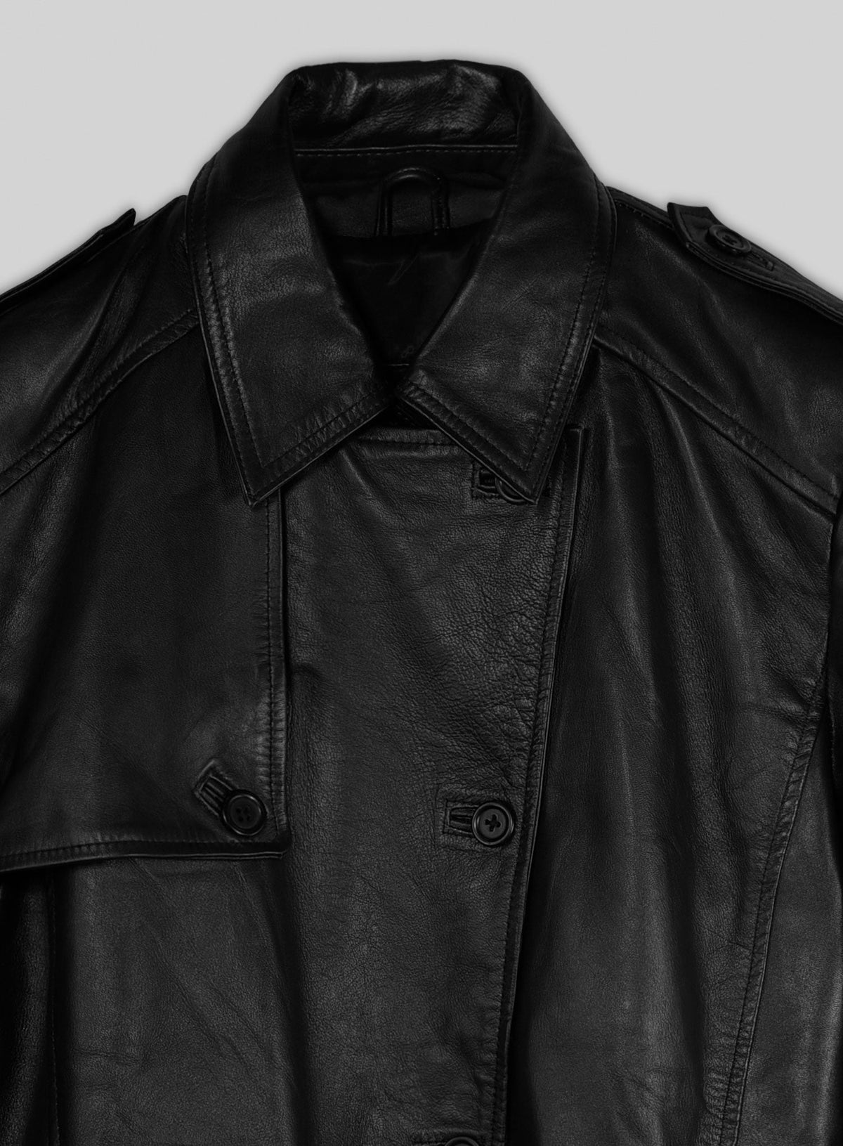 Jennifer Lopez Hustlers Black Leather Trench Coat – close-up and worn views