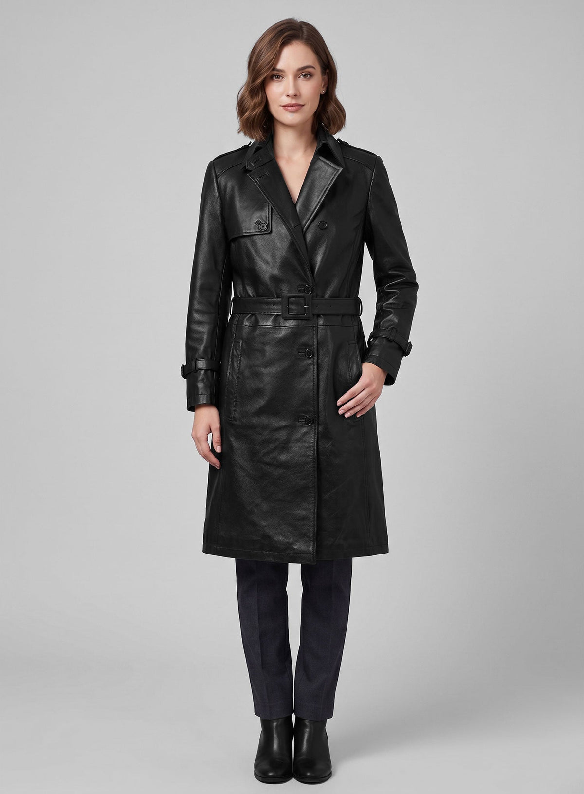 Jennifer Lopez Hustlers Black Leather Trench Coat – full product view