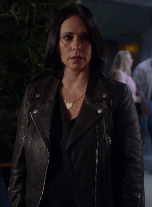 Jennifer Love Hewitt 9-1-1 Black Leather Jacket – close-up and worn views