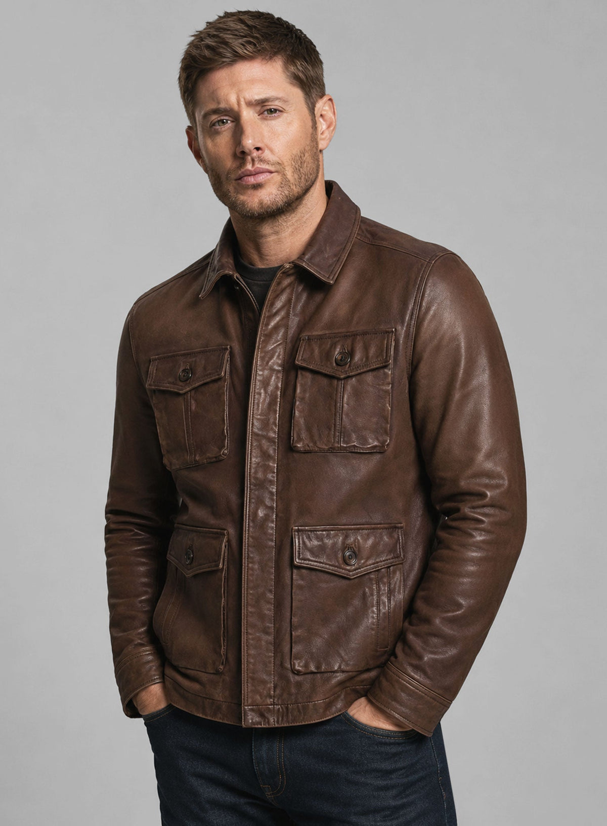 Jensen Ross Ackles Supernatural Season 7 Distressed Brown Leather Jacket – full product view