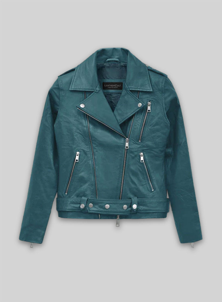 Jessica Alba Black Biker Leather Jacket – front view