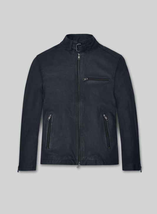 Jim Carrey Navy Blue Leather Jacket – front view