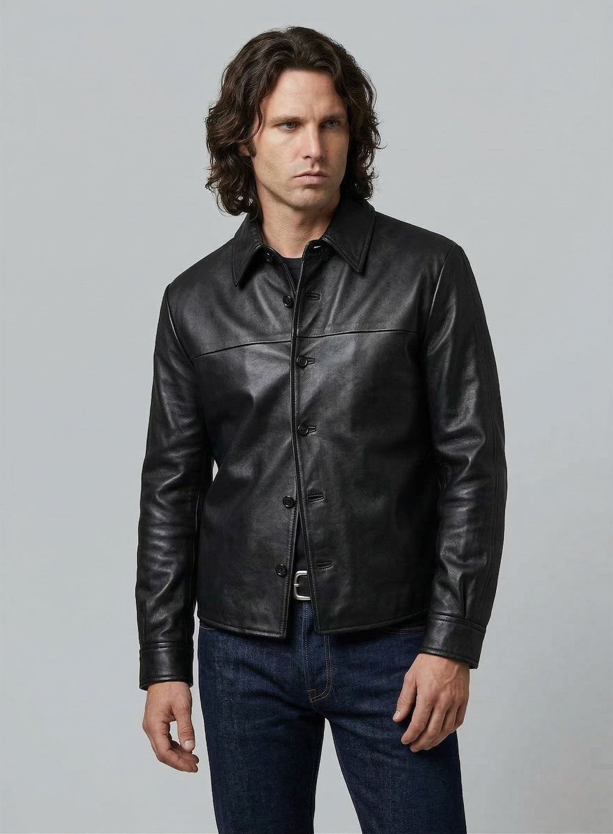Jim Morrison Classic Black Leather Shirt – worn look
