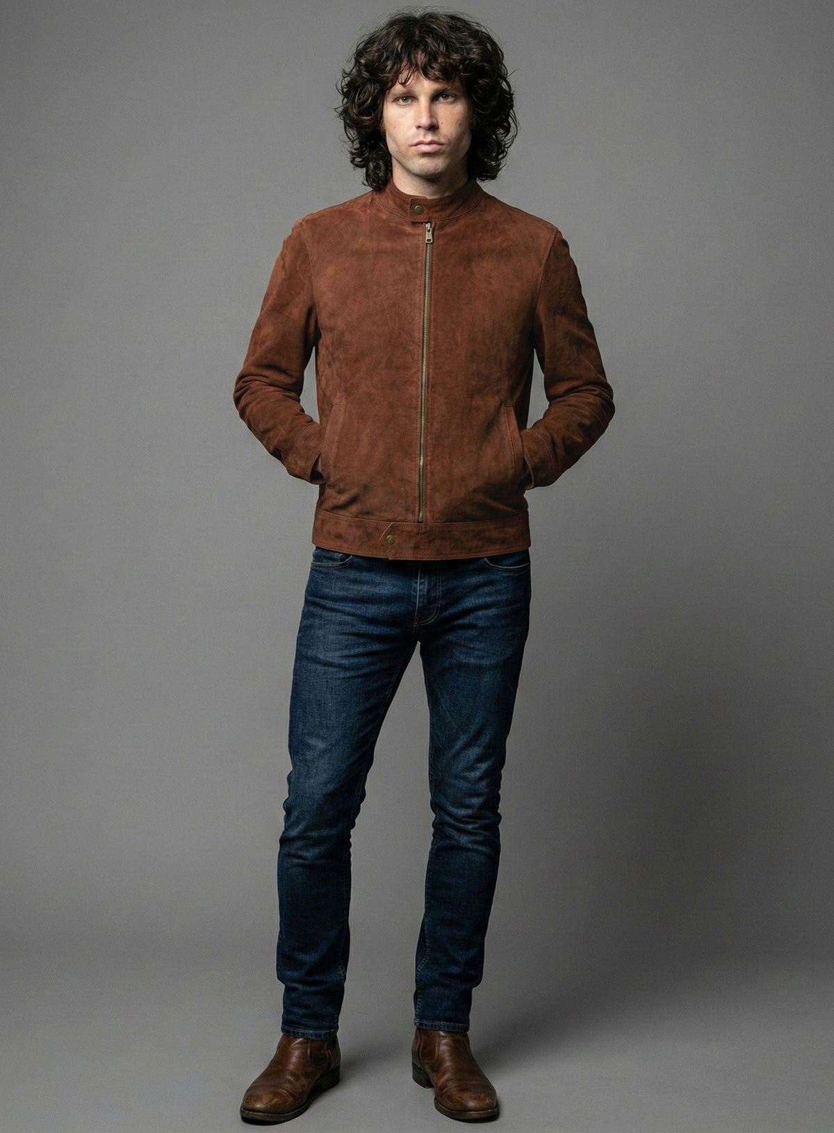 Jim Morrison 1969 Brown Suede Jacket in rust brown – worn look