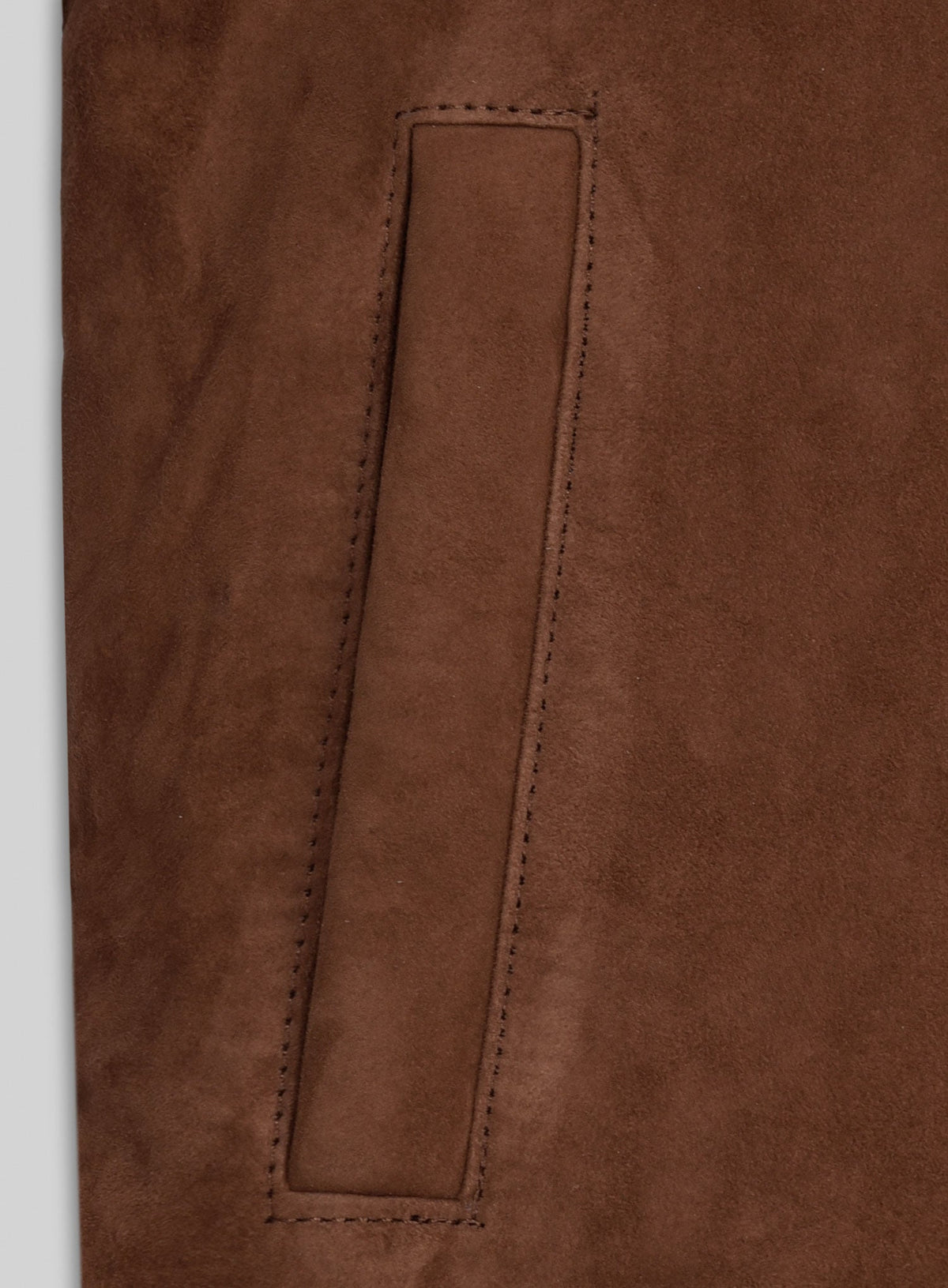 Jim Morrison 1969 Brown Suede Jacket in rust brown – close-up detail of hardware and pockets