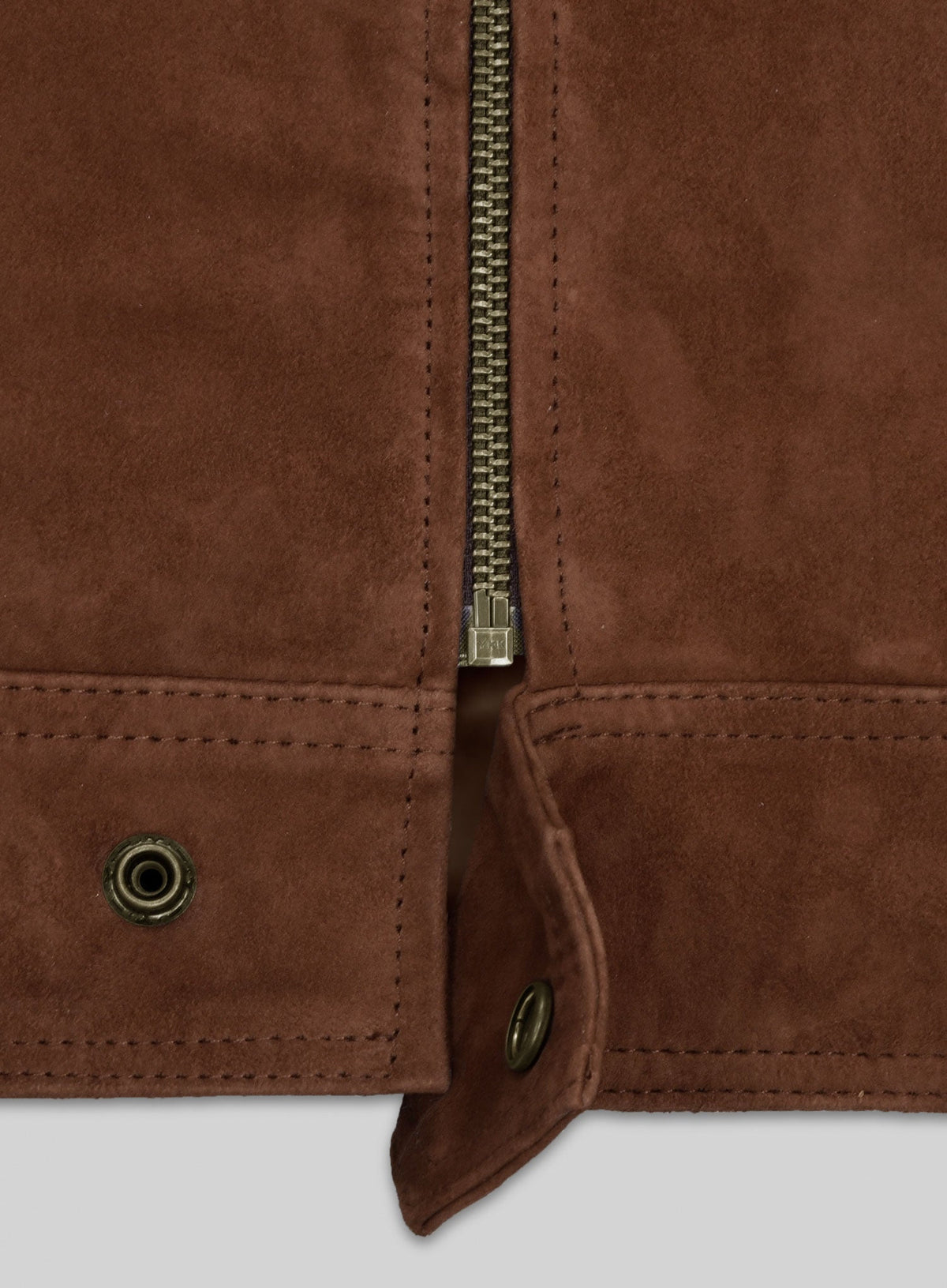 Jim Morrison 1969 Brown Suede Jacket in rust brown – close-up detail of leather and stitching
