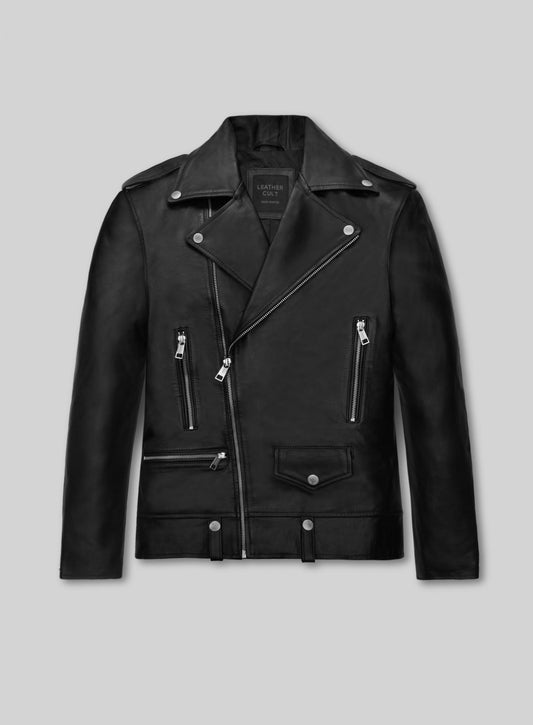 Jimin BTS Black Biker Leather Jacket – front view