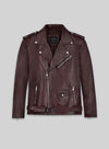 Joe Jonas Burgundy Biker Leather Jacket – front view