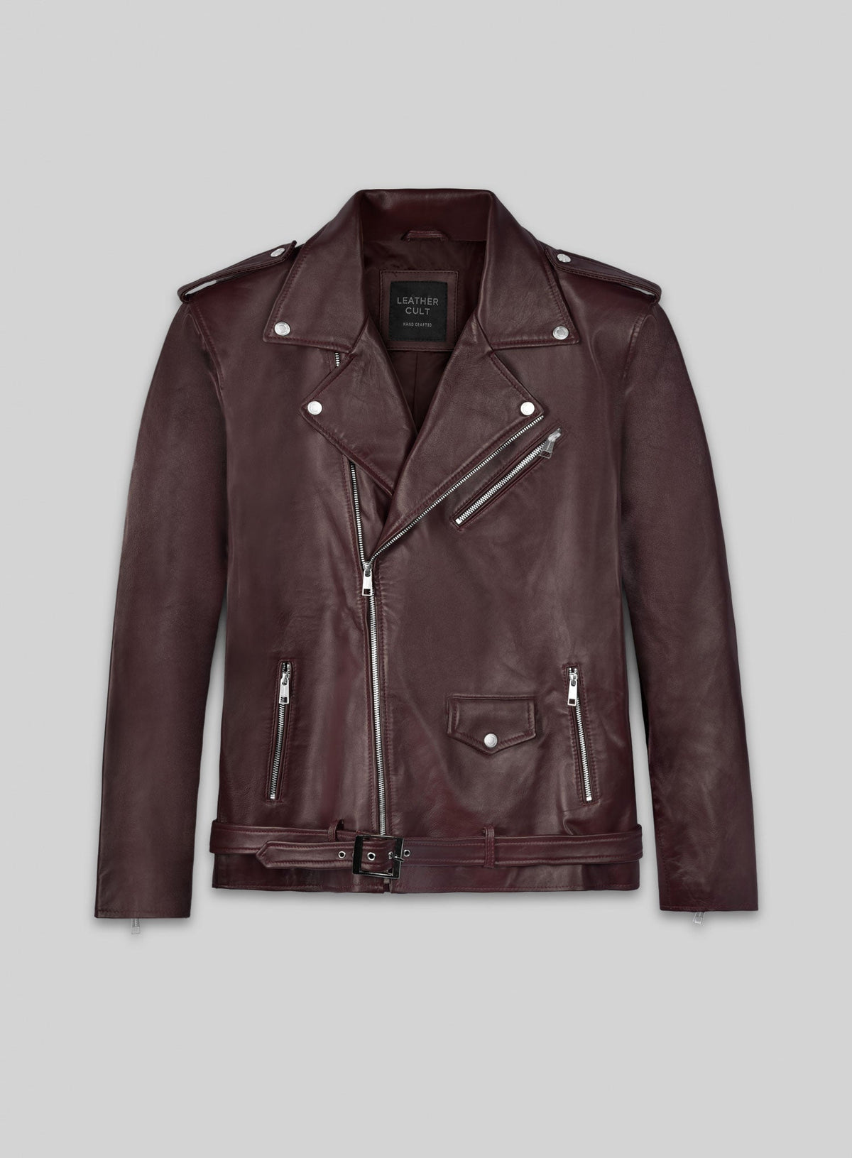 Joe Jonas Burgundy Biker Leather Jacket – front view