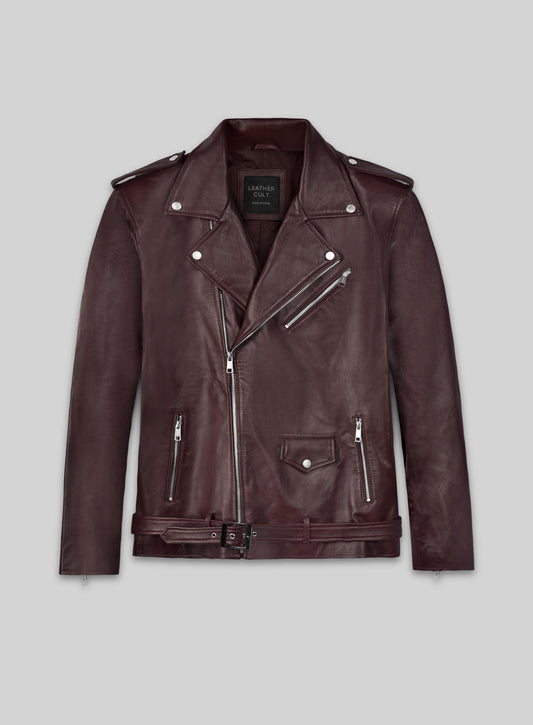 Joe Jonas Burgundy Biker Leather Jacket – front view