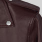 Joe Jonas Burgundy Biker Leather Jacket – close-up detail of leather and stitching