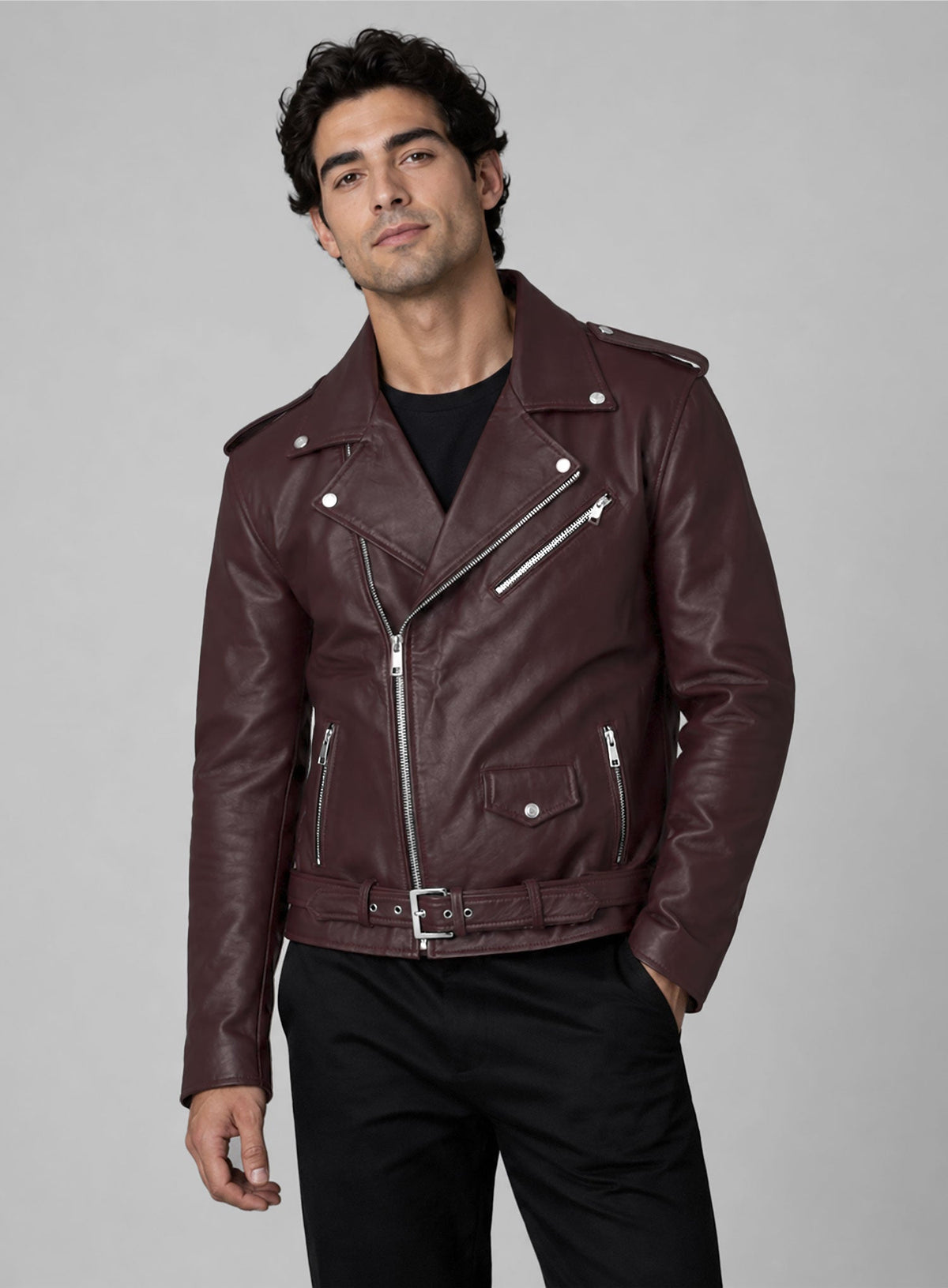 Joe Jonas Burgundy Biker Leather Jacket – worn look
