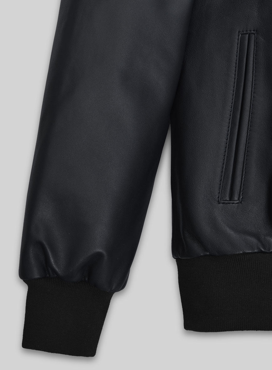 John Cho Comic-Con Black Bomber Leather Jacket – close-up detail of leather and stitching