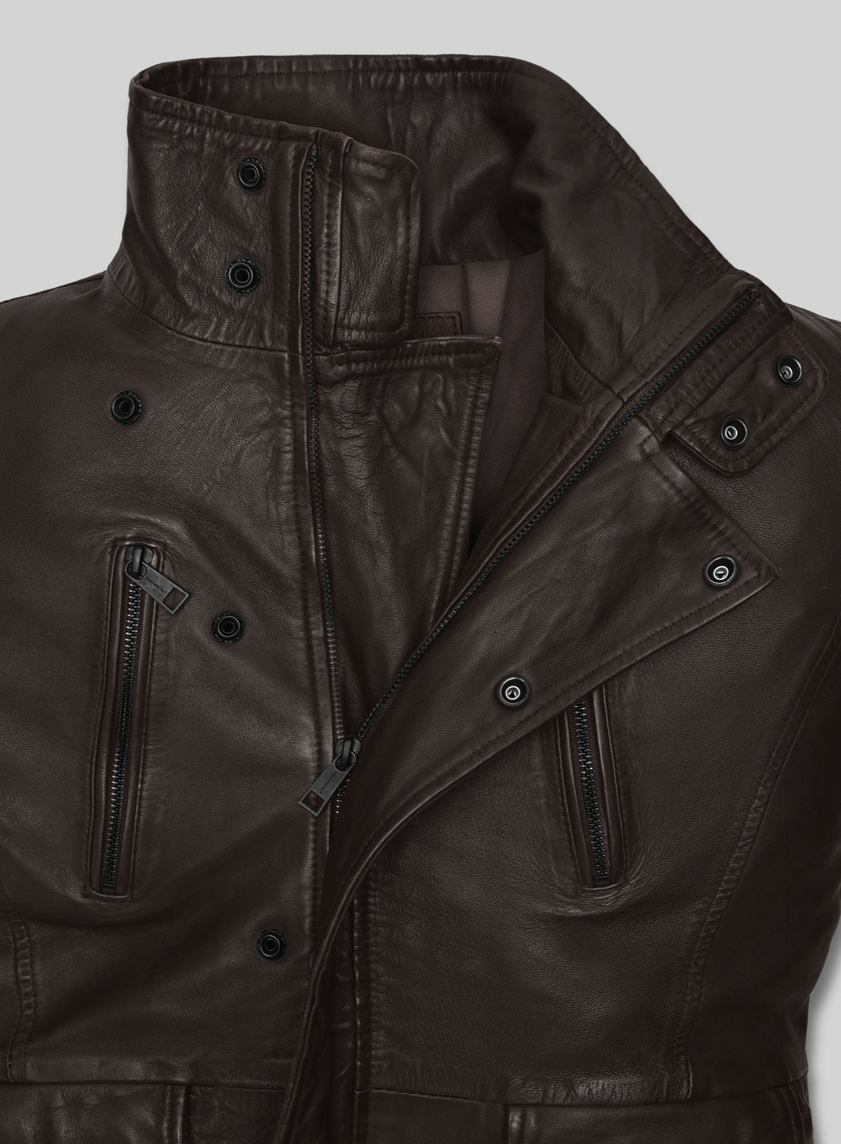 John Travolta From Paris with Love Dark Brown Leather Jacket – close-up detail of hardware and pockets