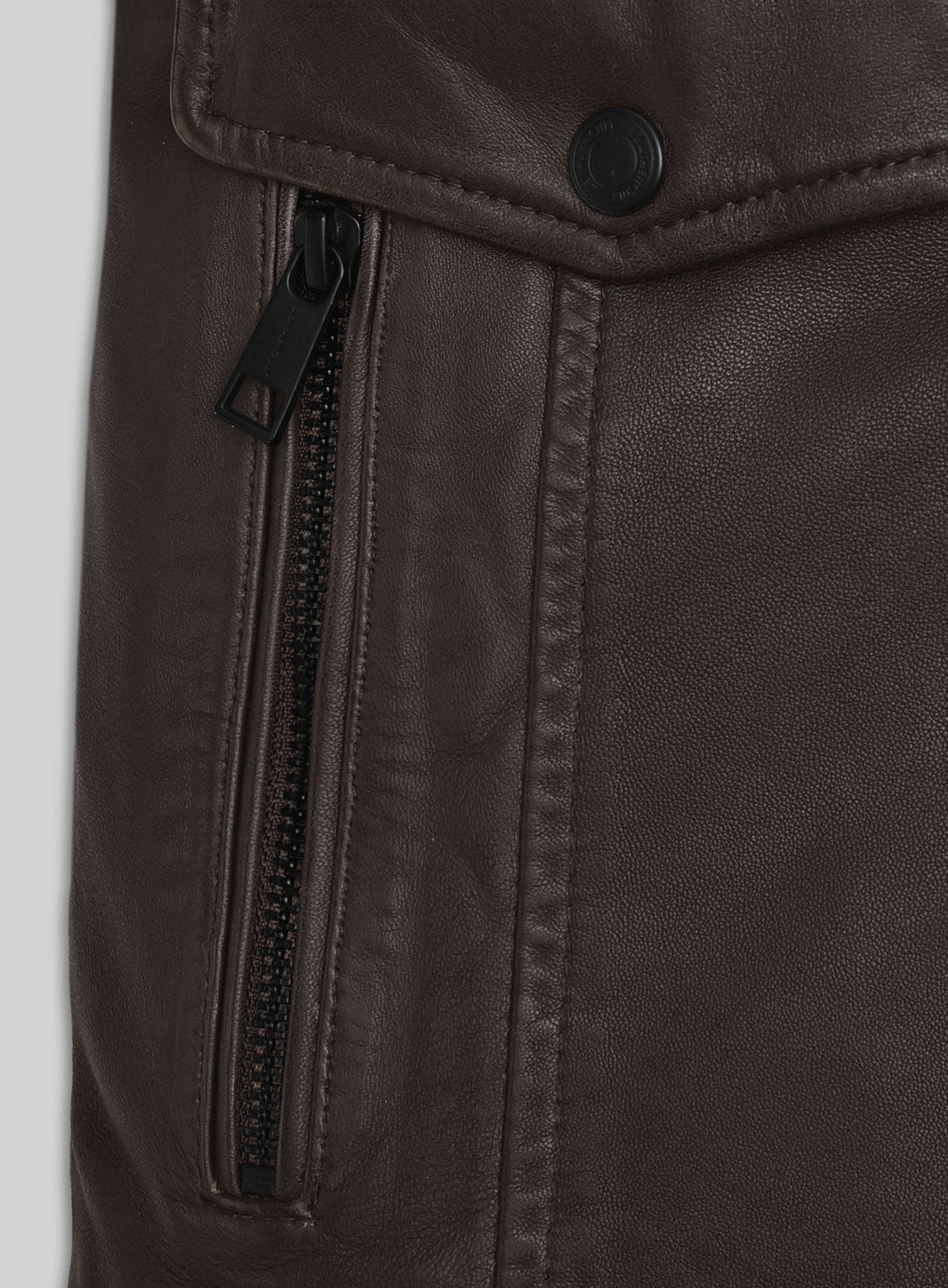 John Travolta From Paris with Love Dark Brown Leather Jacket – close-up detail of hardware and pockets