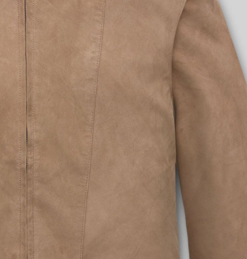 Johnny Depp Black Leather Jacket – close-up detail of front closure, pocket and leather stitching