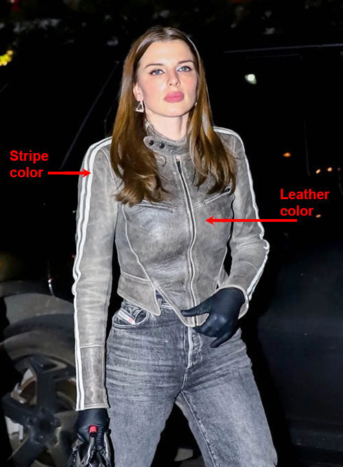 Julia Fox Black Leather Jacket – close-up and worn views
