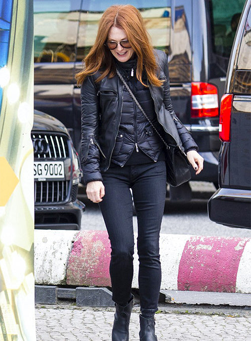 Julianne Moore Black Leather Jacket – close-up and worn views