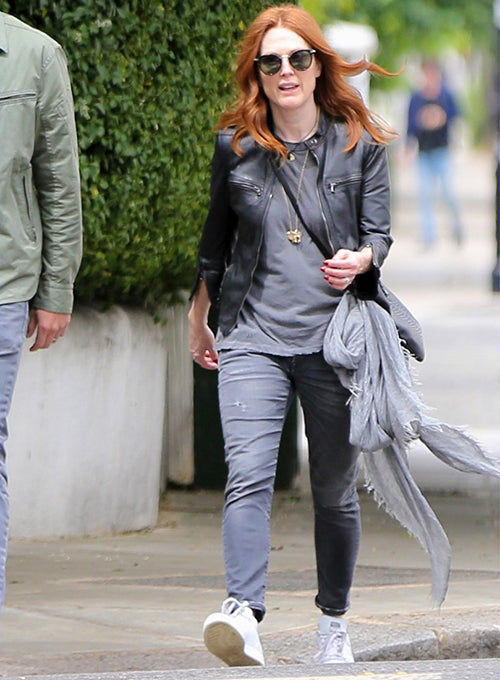 Julianne Moore Black Leather Jacket – close-up and worn views
