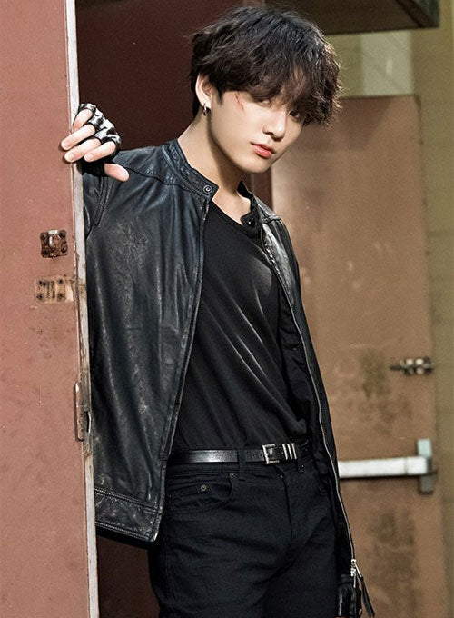 Jungkook Black Leather Jacket – Jungkook wearing the look, photo 2