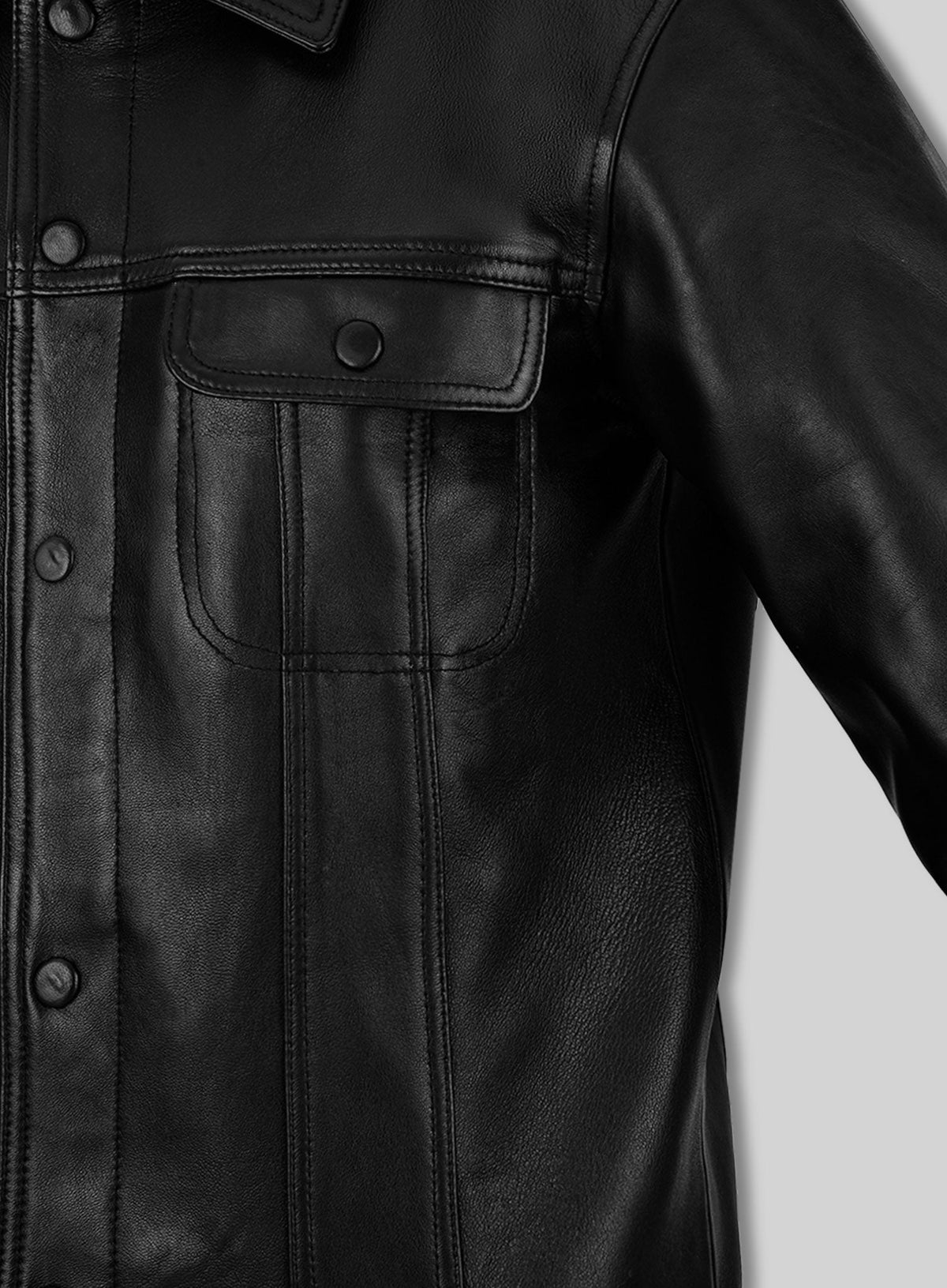 Justin Timberlake Late Night Black Leather Jacket – close-up detail of hardware and pockets