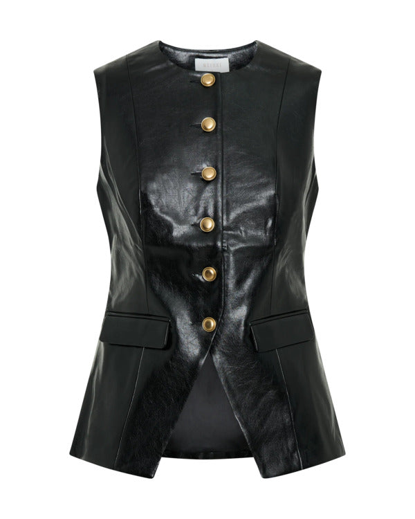 Vale Tudo 2025 Julia Palha Black Sleeveless Leather Vest – Bold Street-Style Essential