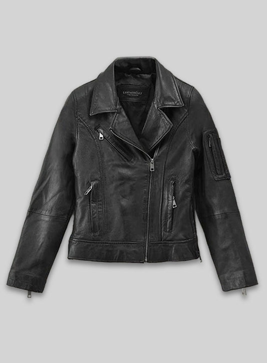 Karen Gillan Black Leather Jacket – front view