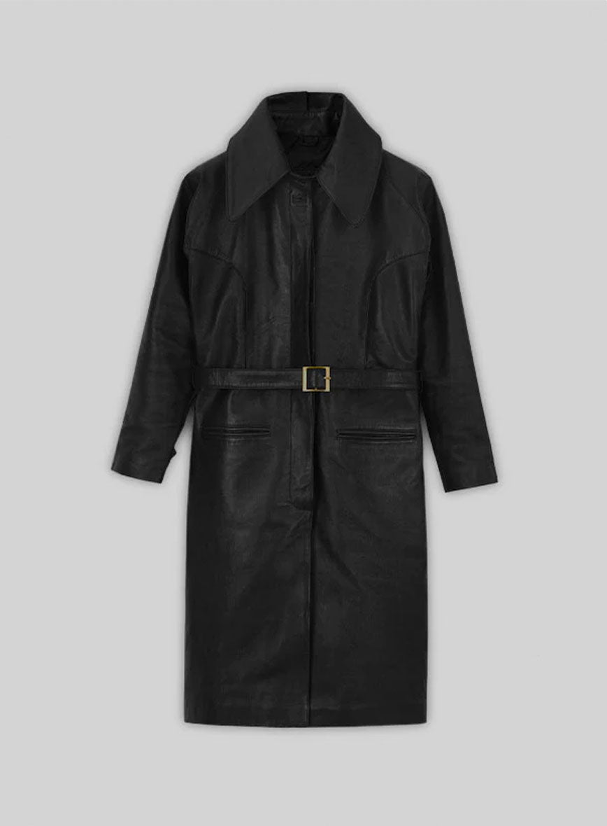 Katherine Waterston Fantastic Beasts Black Leather Long Coat – front view