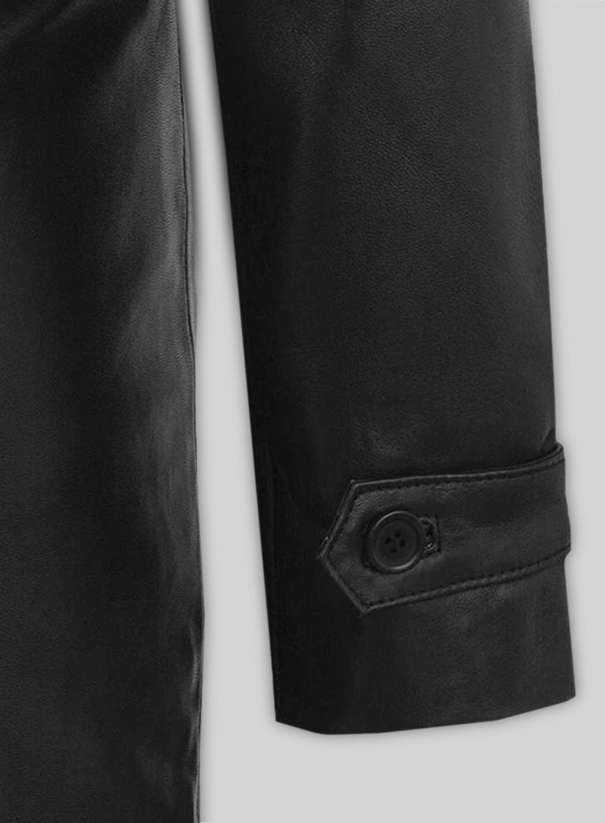 Katherine Waterston Fantastic Beasts Black Leather Long Coat – close-up and worn views